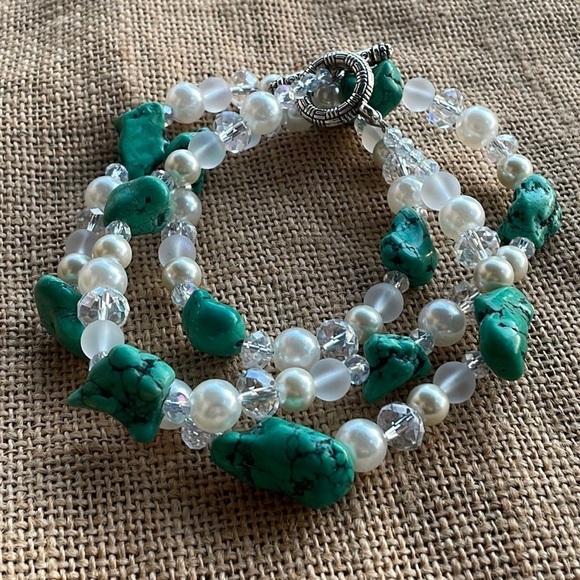 Chunky Turquoise & Pearl Crystal Multi-Strand bracelet / Necklace Handmade Rare - Picture 3 of 8